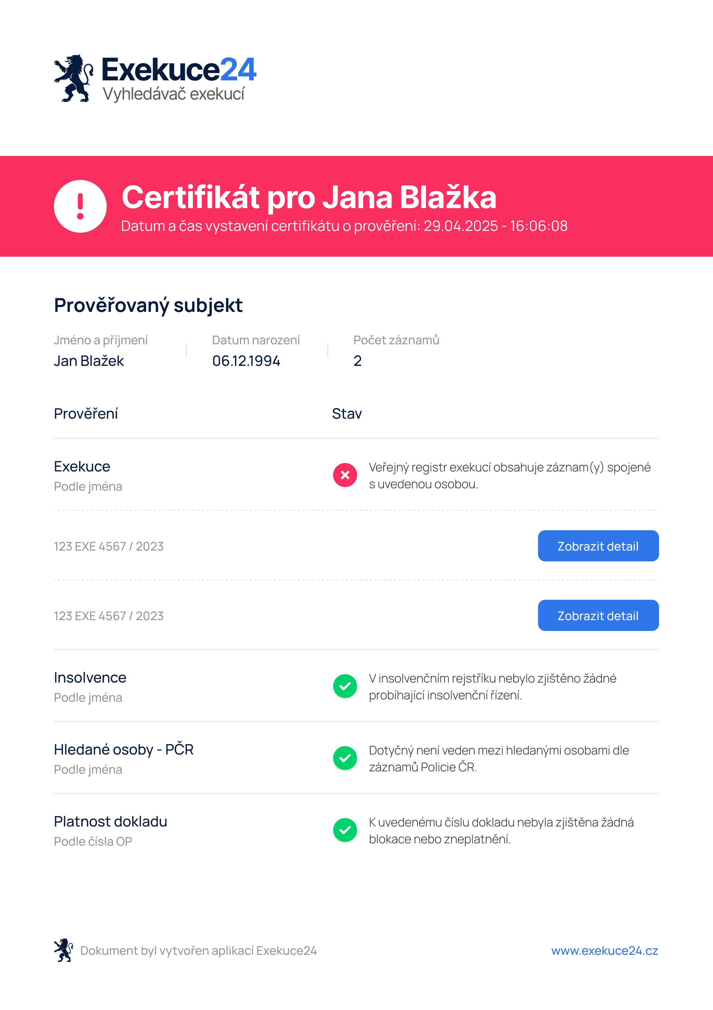 Certifkát občana bez exekuce, insolnvence nebo hledané osoby